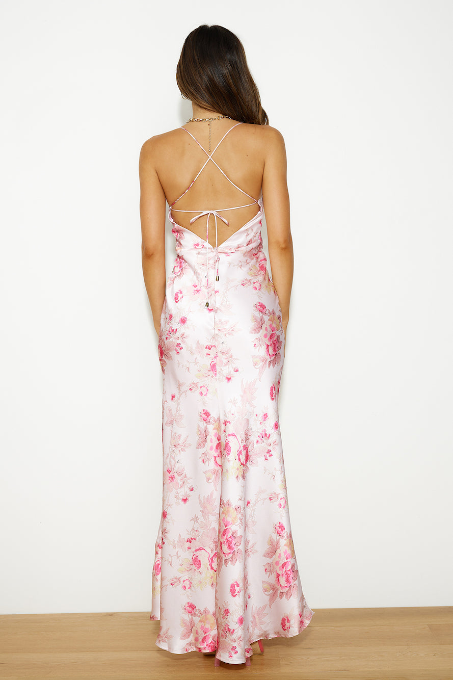 Blooming Passions Satin Maxi Dress Pink