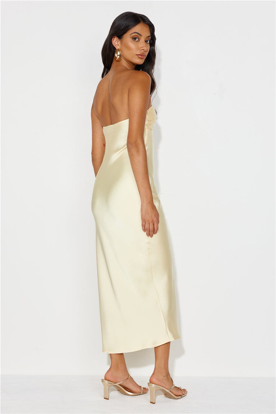 Unlike No Other Strapless Satin Maxi Dress Yellow