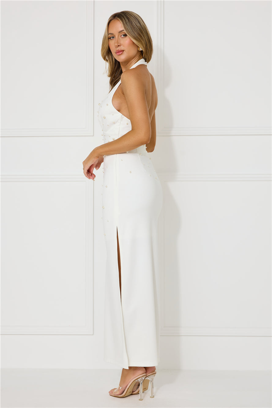 Ocean Beauty Halter Pearl Maxi Dress White