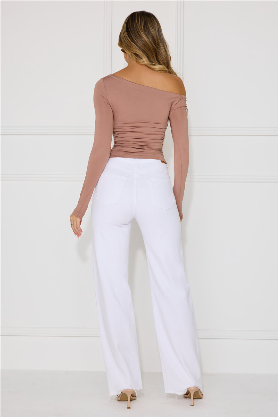 Slinky Feelings Off Shoulder Long Sleeve Top Mocha