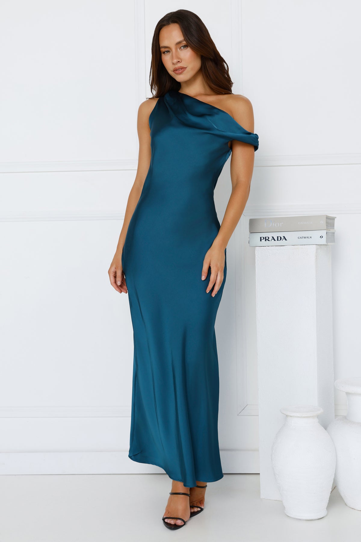 Limitless Girl Satin Off Shoulder Maxi Dress Teal
