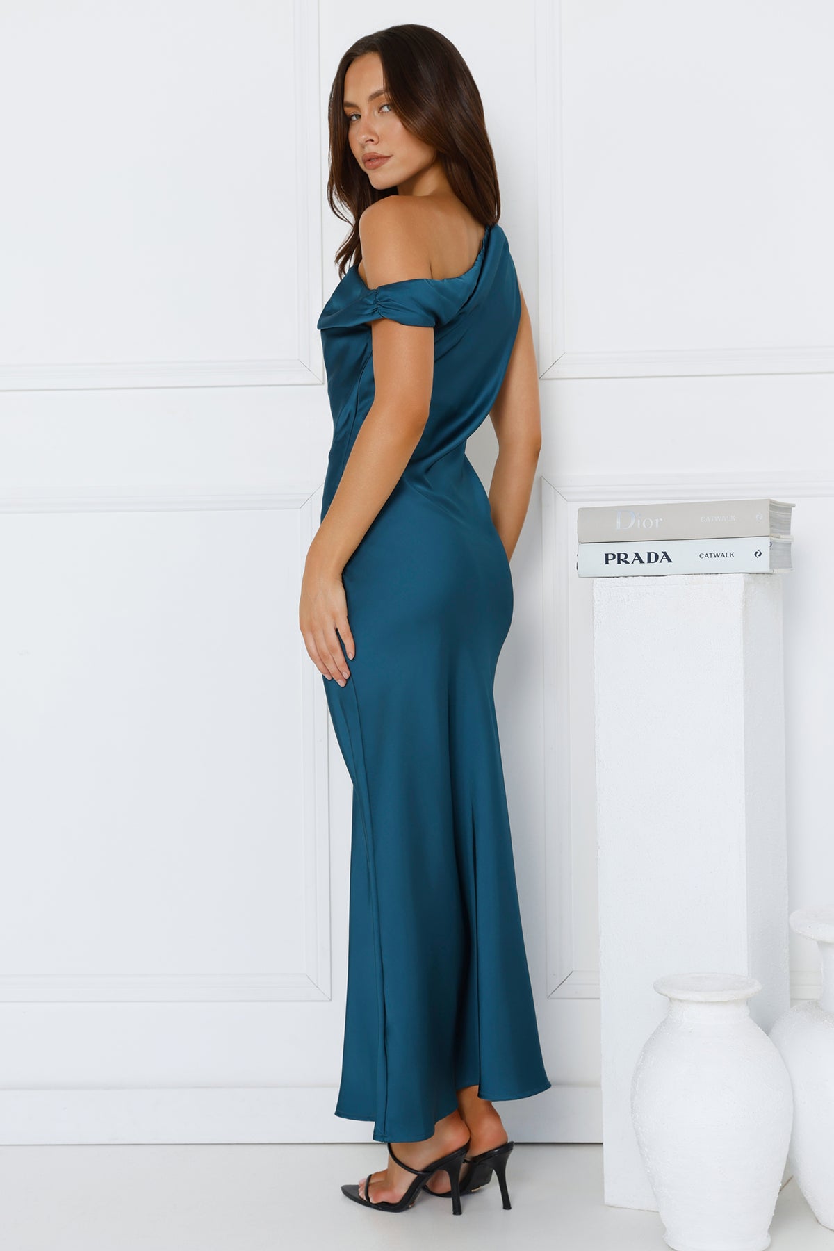 Limitless Girl Satin Off Shoulder Maxi Dress Teal