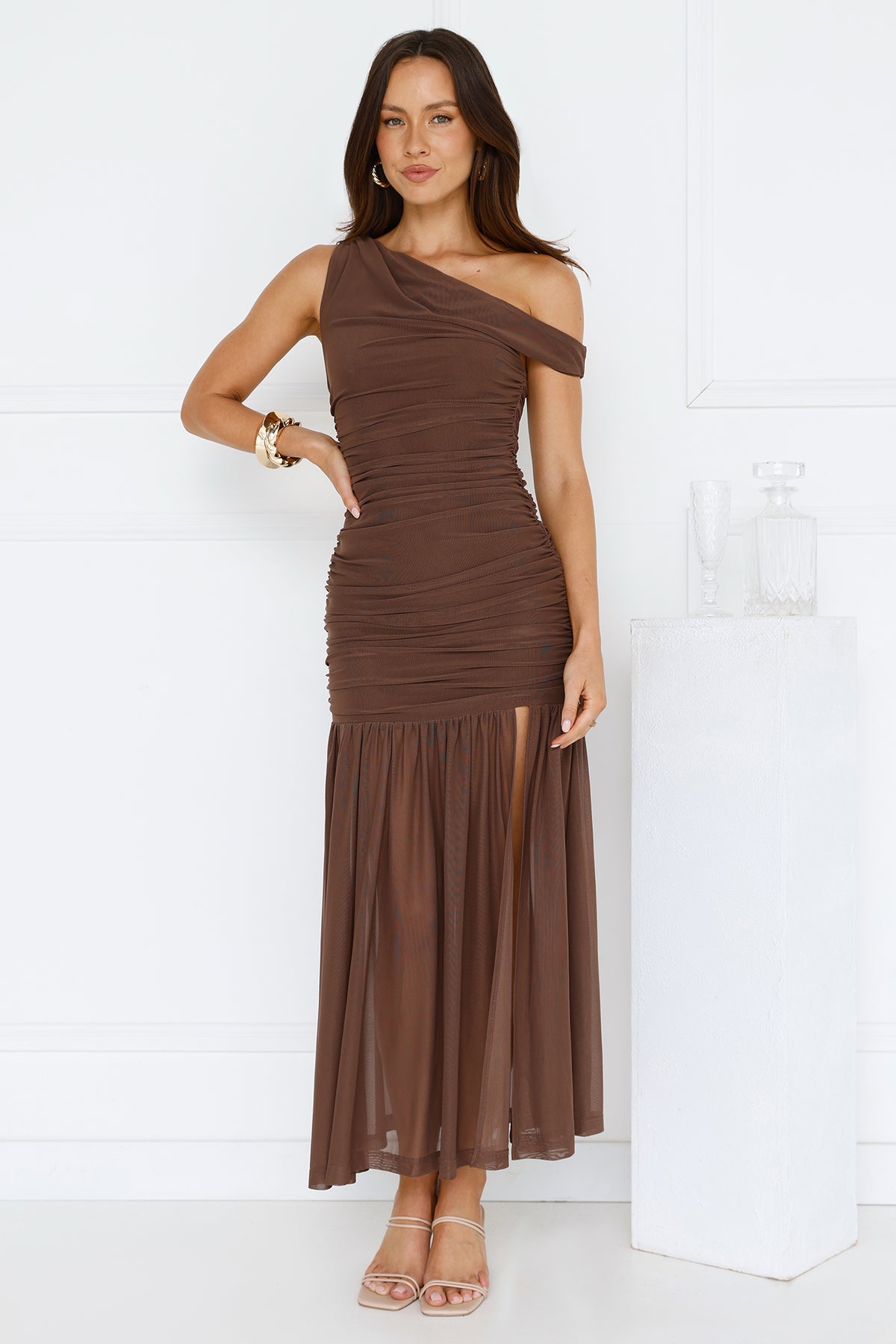 Stylish Diva Mesh Off Shoulder Midi Dress Brown