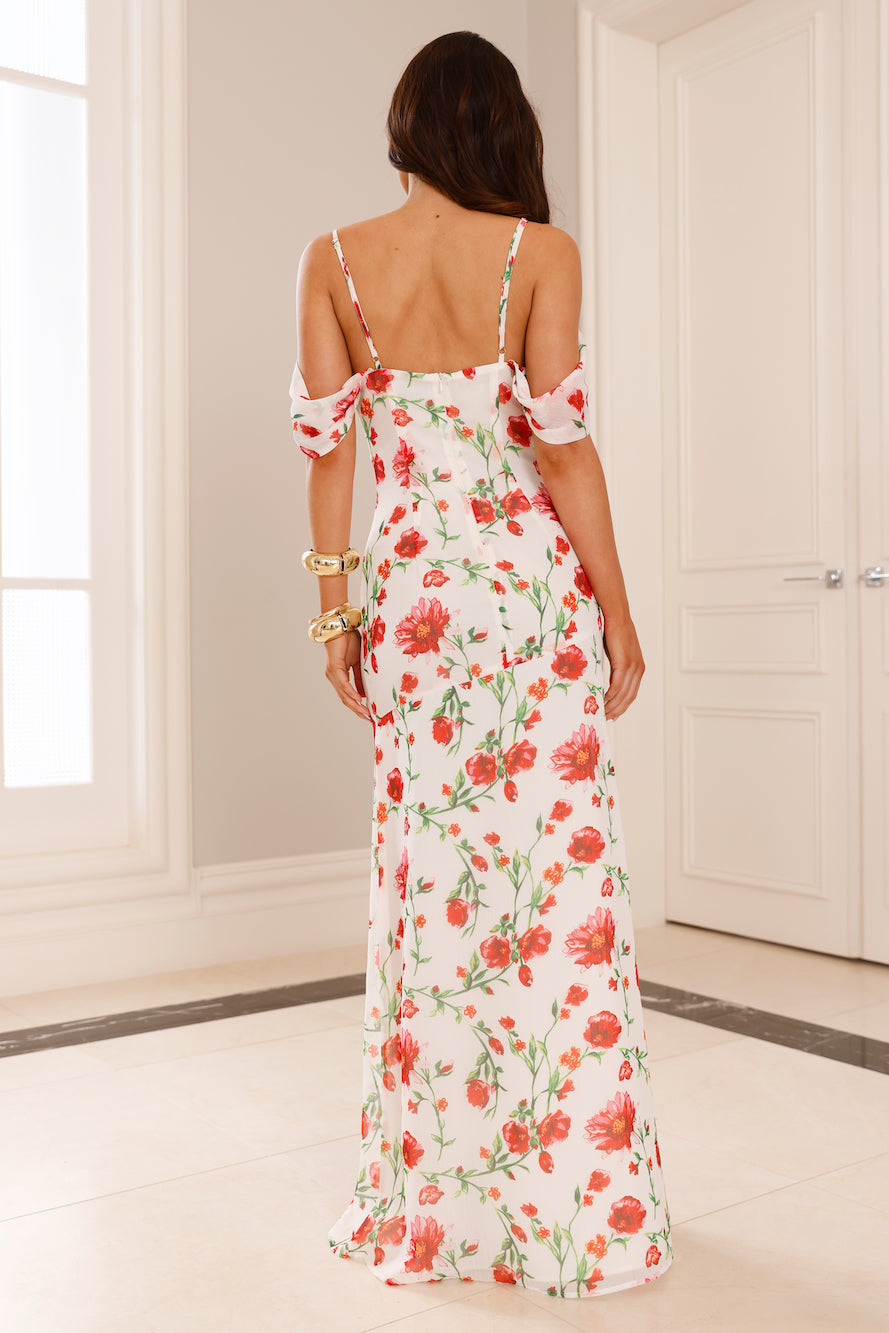 Rose Reverie Off Shoulder Maxi Dress White