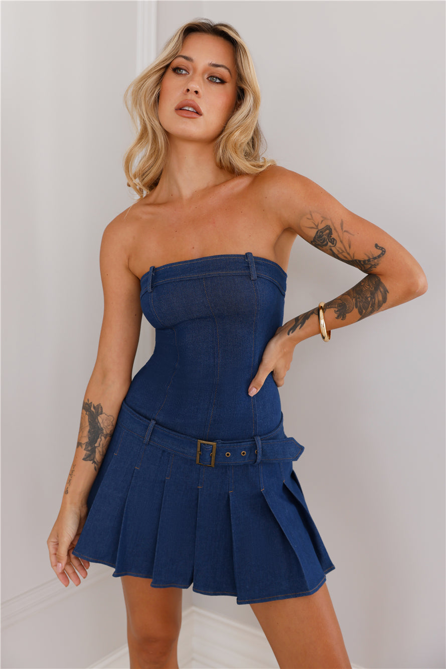 Reckless Fun Strapless Dress Blue Denim