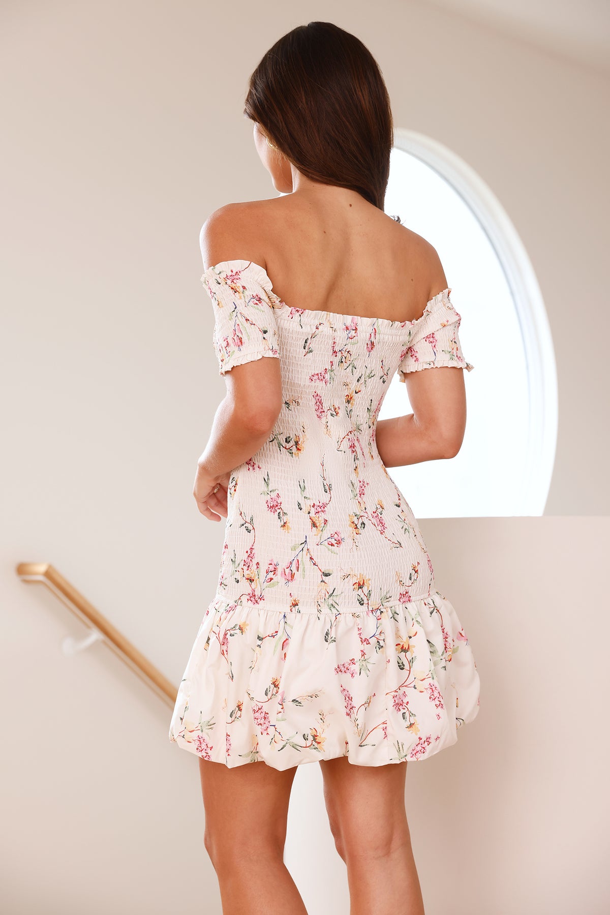Flowering Grace Off Shoulder Bubble Mini Dress Beige
