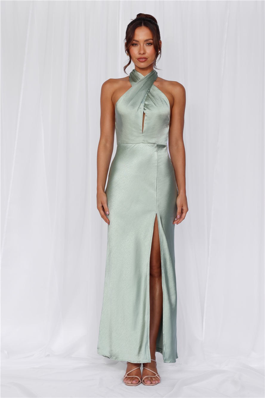 The Adeline Halter Satin Maxi Dress Sage