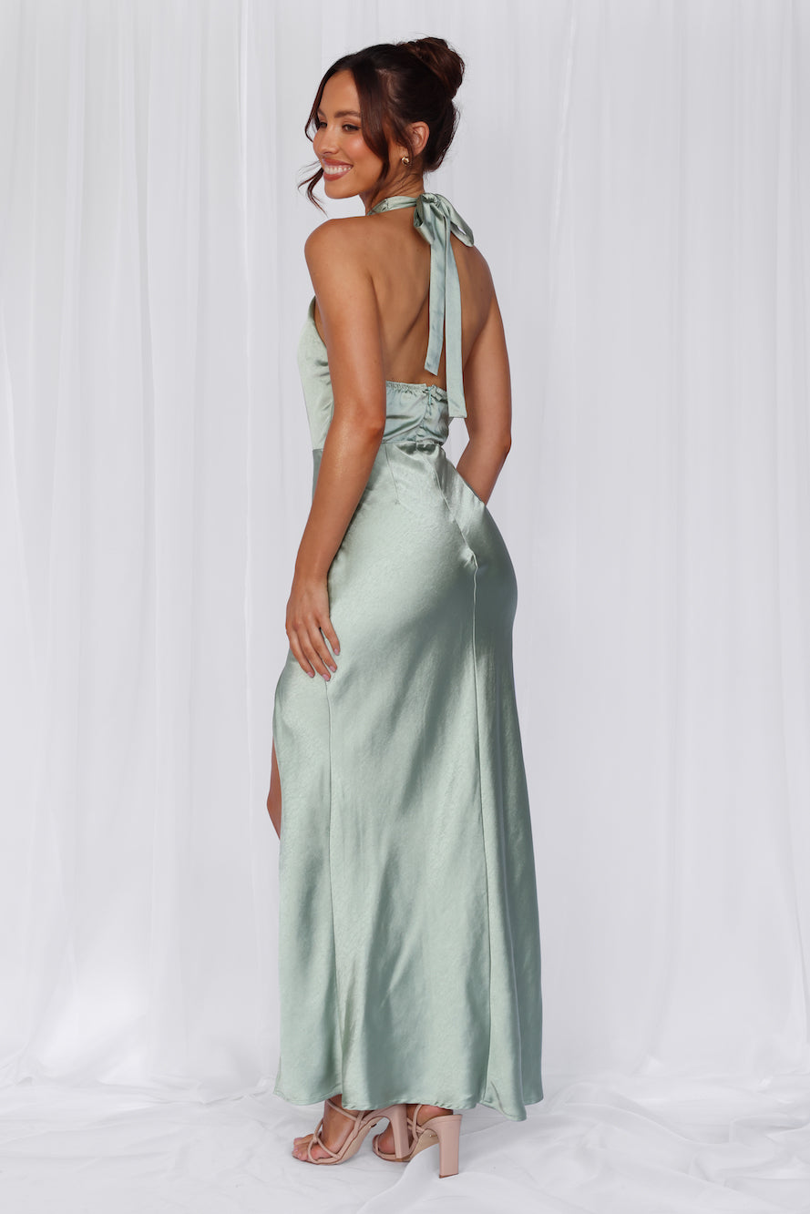 The Adeline Halter Satin Maxi Dress Sage