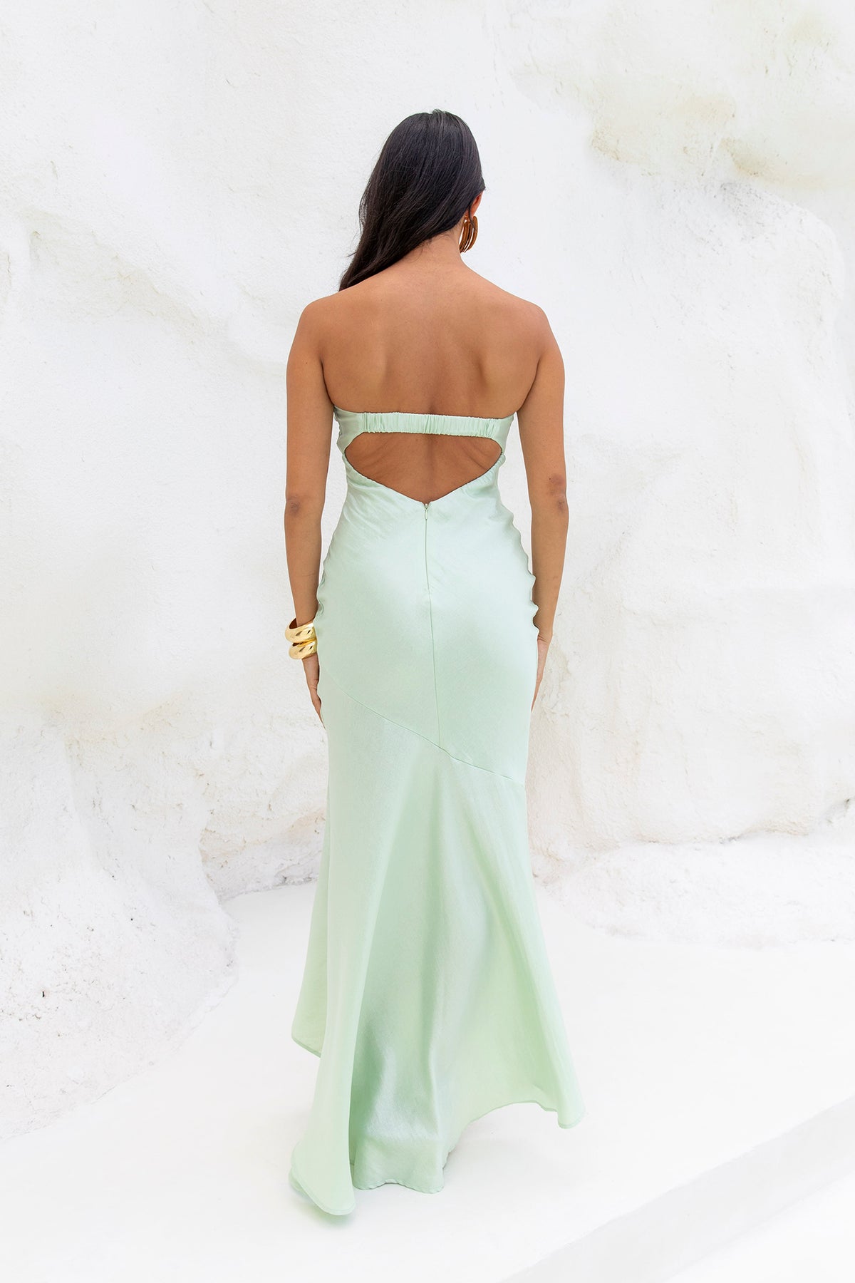 Heritage Strapless Satin Maxi Dress Sage