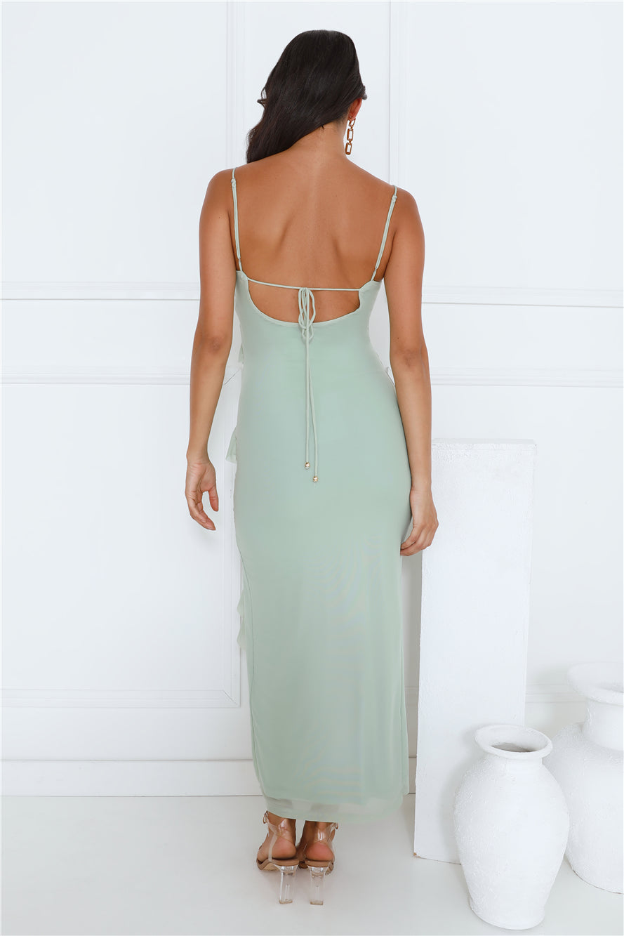 Flaunt It Girl Frill Mesh Maxi Dress Sage
