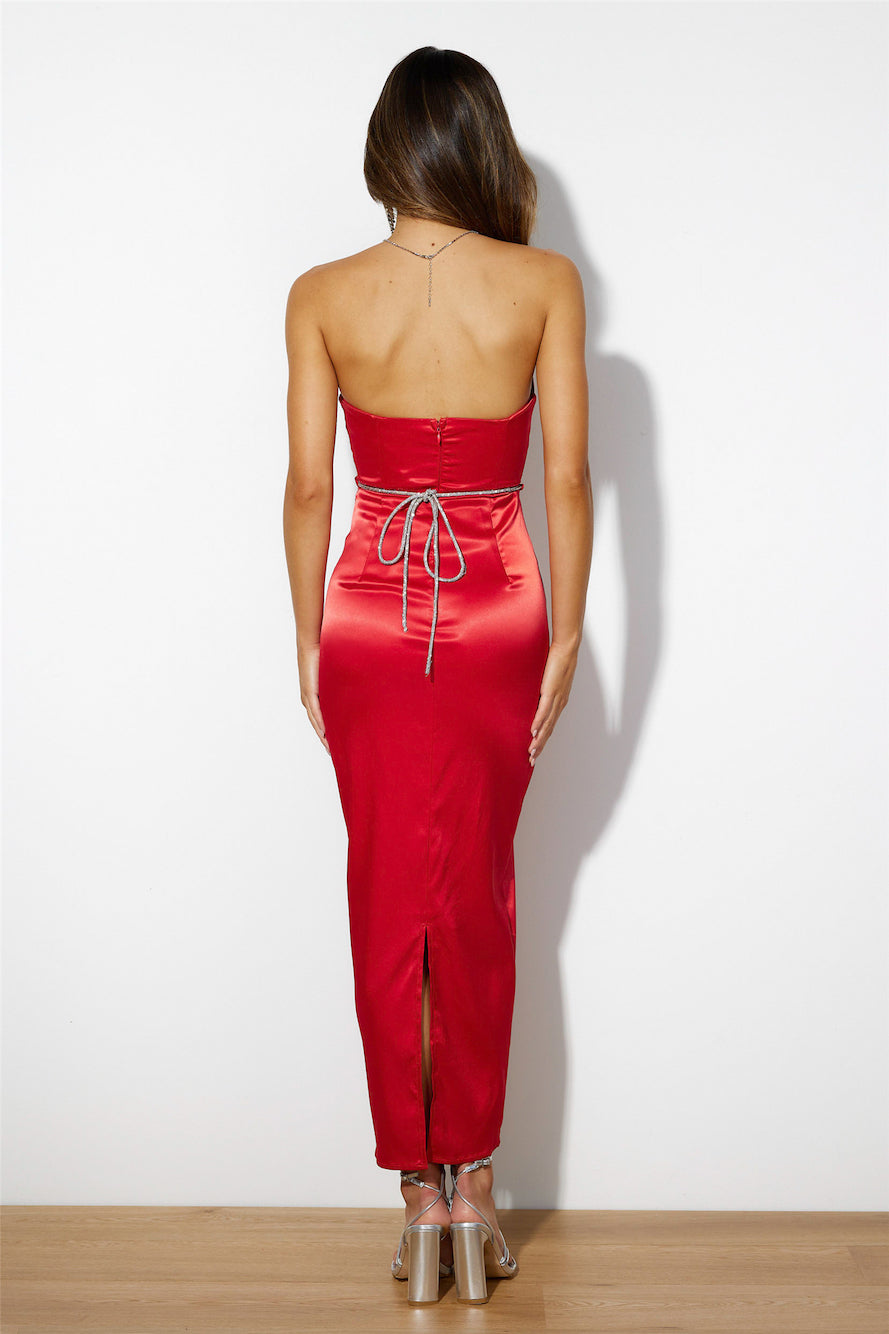 Diamanté Dreams Silky Midi Dress Red