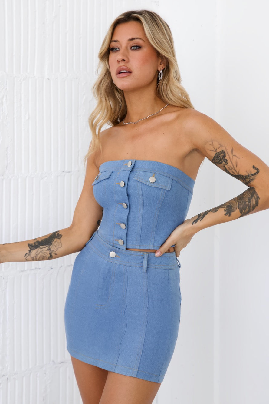 Paid Attendance Denim Crop Top Light Denim