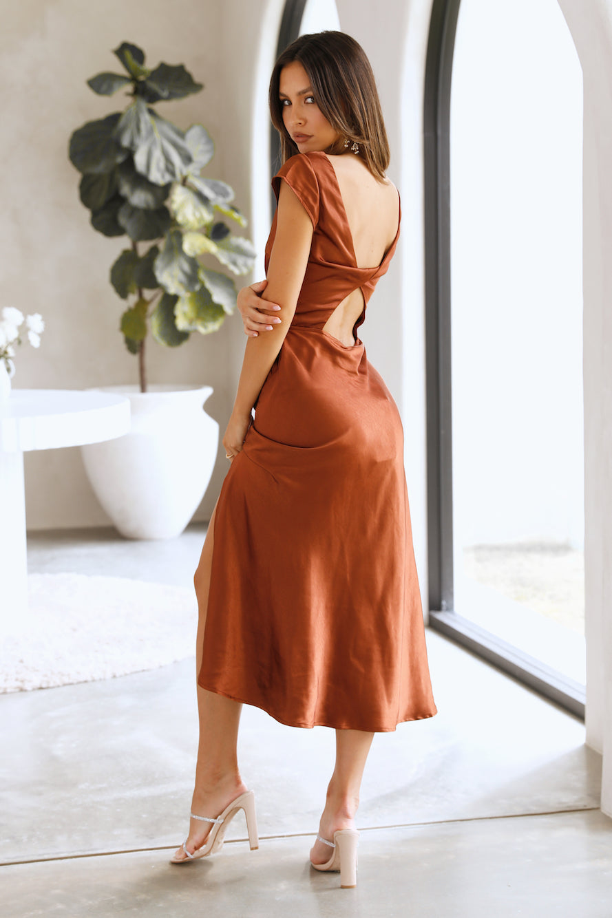 Get In Formation Satin Midi Dress Brown