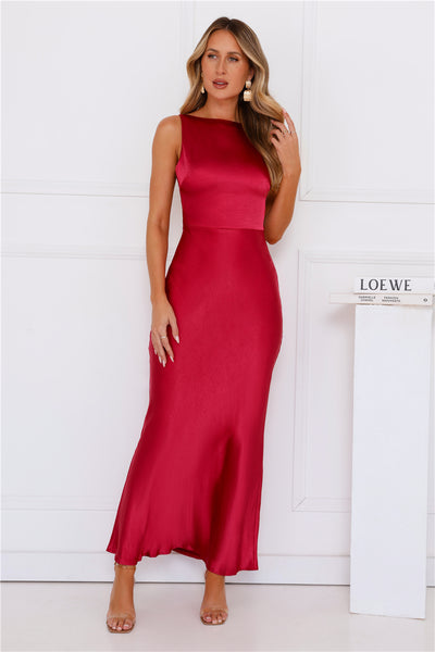 Unveiled Sophistication Satin Maxi Dress Ruby