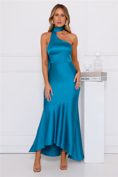 Graceful Influence Satin Halter Maxi Dress Teal