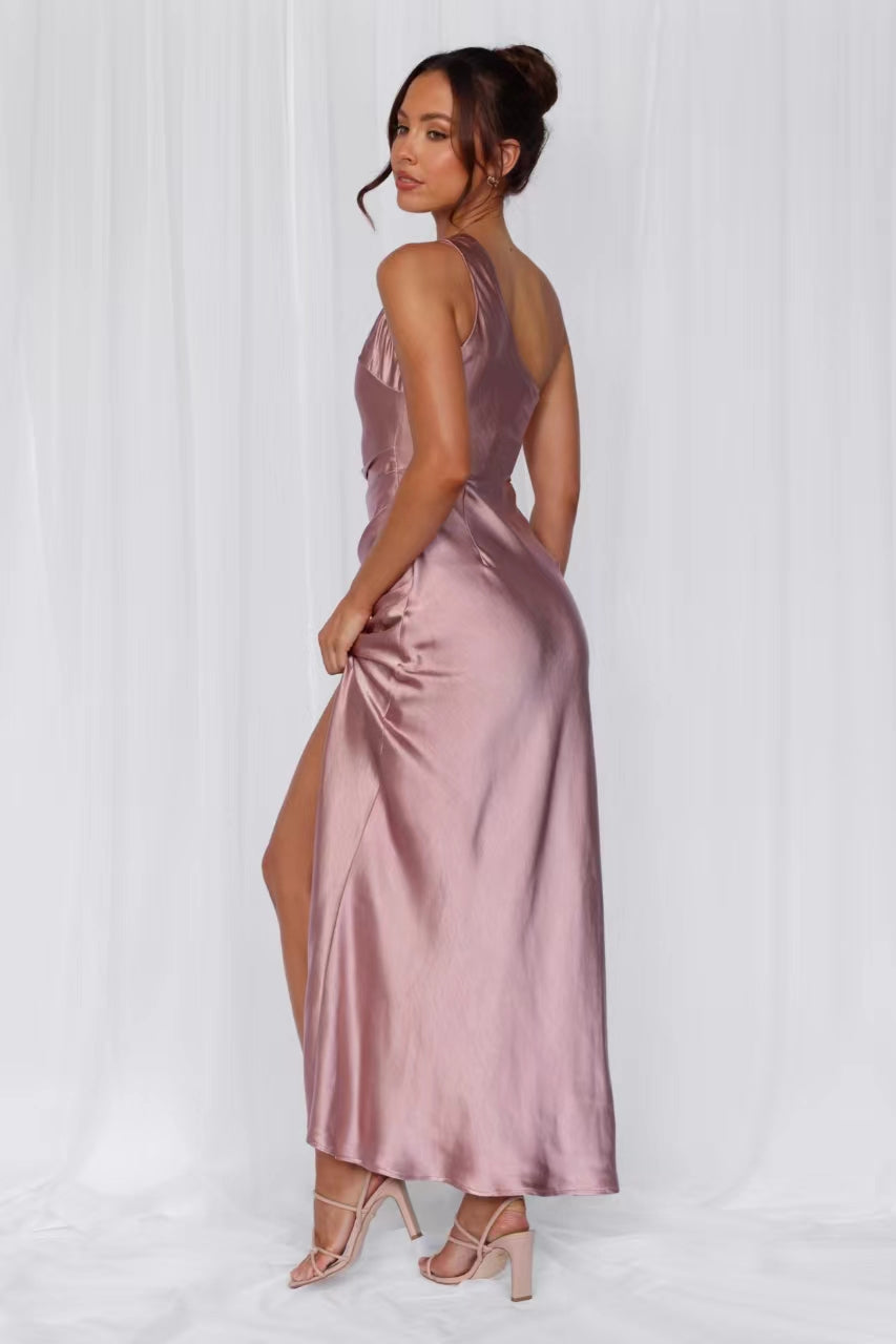 HELLO MOLLY The Aurora One Shoulder Satin Maxi Dress Dusty Pink