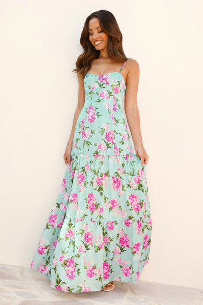 Wildflower Whimsy Satin Maxi Dress Green