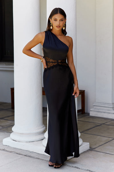 Show You Love One Shoulder Satin Maxi Dress Black