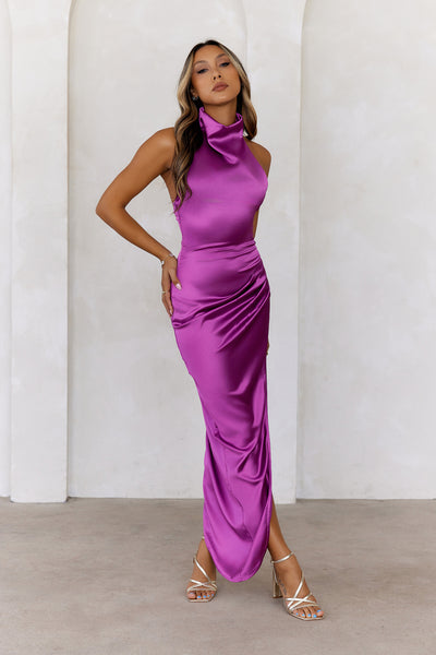 Party In Mexico Satin Halter Maxi Dress Purple