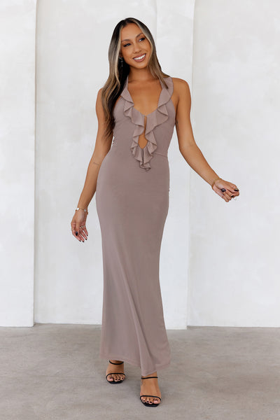 Everly Halter Mesh Maxi Dress Brown