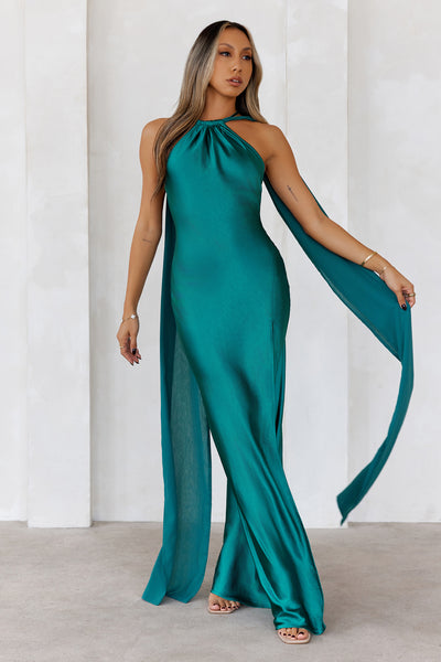 Golden Empress Satin Maxi Dress Green