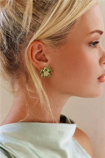 18k Gold Plated Fortune Flower Earrings Green