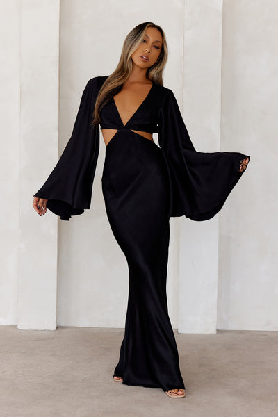 Twilight Goddess Satin Long Sleeve Maxi Dress Black