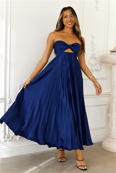 Clouds Of Love Strapless Pleated Maxi Dress Navy