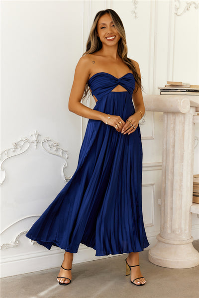 Clouds Of Love Strapless Pleated Maxi Dress Navy