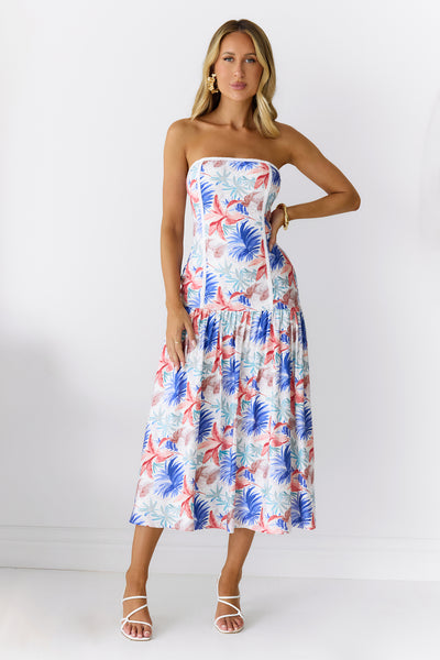 Palm Oasis Strapless Midi Dress Blue