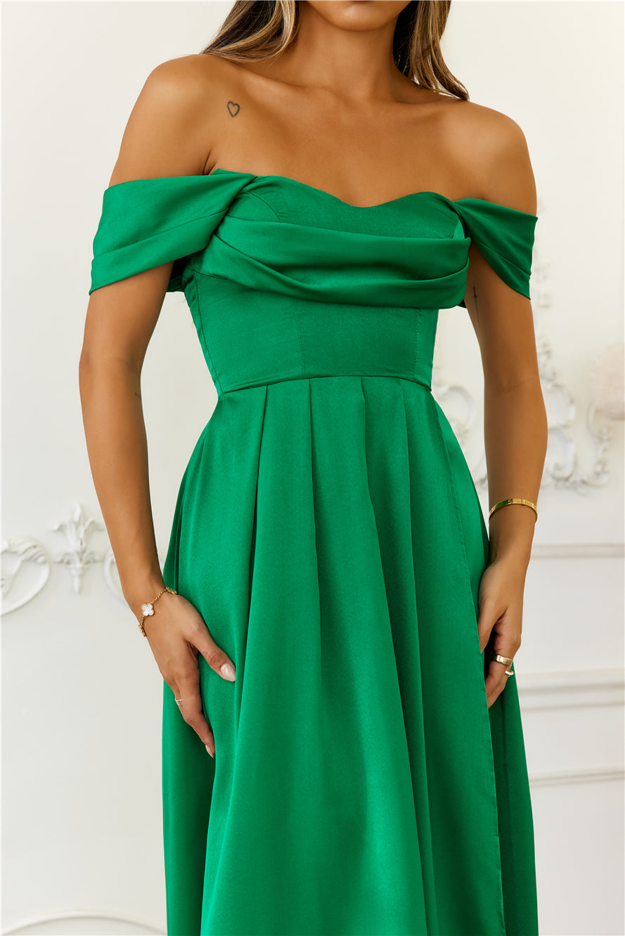 Golden Affair Off Shoulder Satin Maxi Dress Green