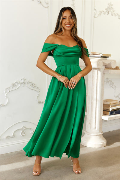 Golden Affair Off Shoulder Satin Maxi Dress Green