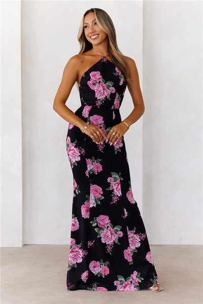 Blossom Beauty Halter Maxi Dress Black