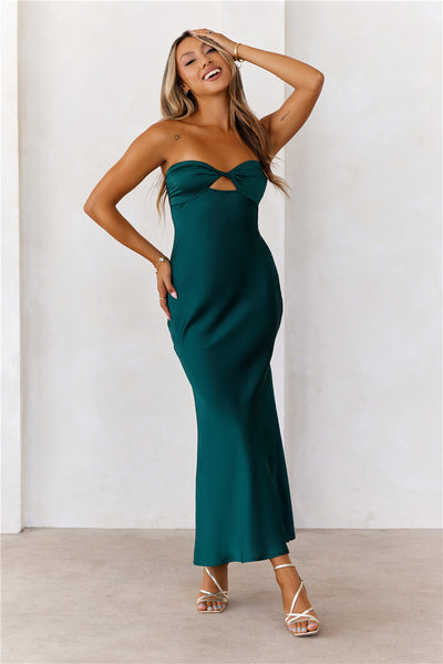 Style At Nightfall Satin Strapless Midi Dress Green