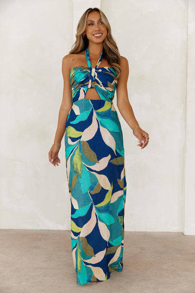 Flower Crown Halter Maxi Dress Navy