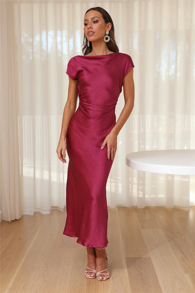 Faithful Nights Satin Midi Dress Fuchsia