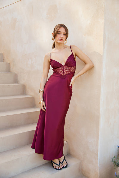 Lovers Engagement Silk Maxi Dress Burgundy