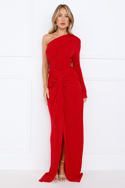 Luxe Atelier One Shoulder Maxi Dress Red