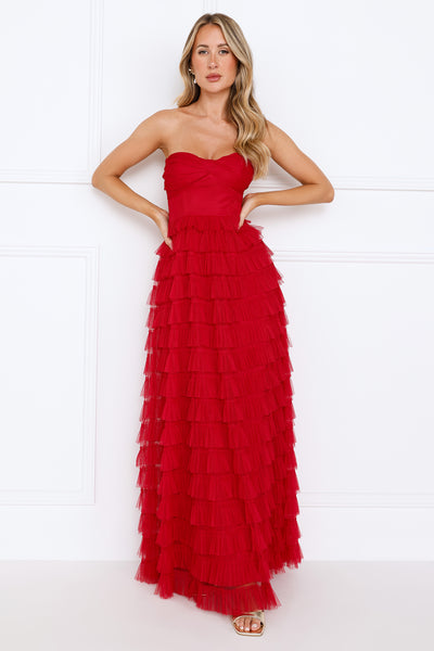 Lovers In Paris Strapless Tulle Maxi Dress Red