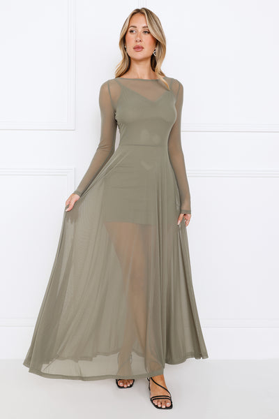 Champagne Streams Mesh Maxi Dress Olive