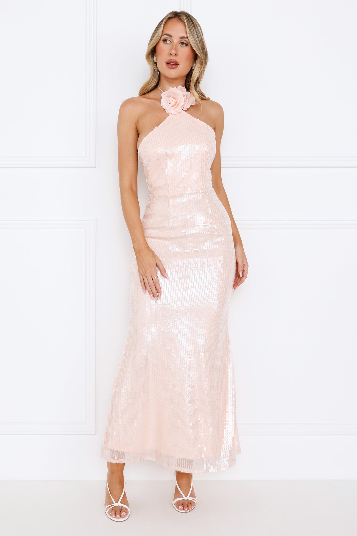 Star Shine Halter Sequin Maxi Dress Pink