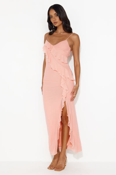 Flaunt It Girl Frill Mesh Maxi Dress Pink