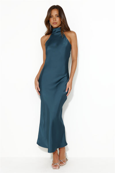 Crystal Glass Satin Maxi Dress Teal