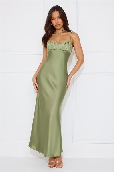 Silk Shimmers Satin Maxi Dress Olive