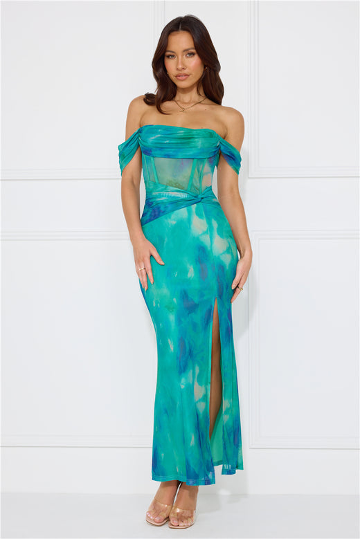 Timeless Grace Off Shoulder Mesh Maxi Dress Green