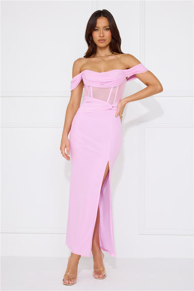 Evening Of Class Off Shoulder Mesh Maxi Dress Lilac