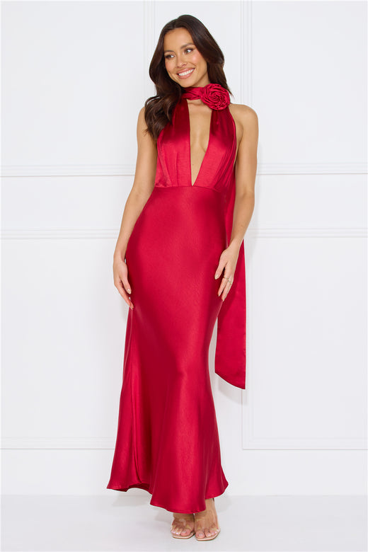 Stolen Style Points Halter Satin Maxi Dress Red