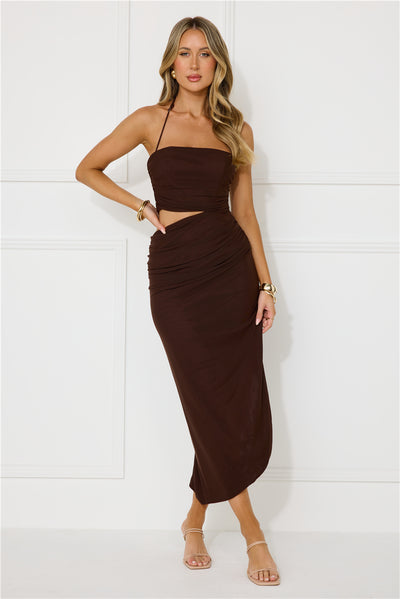 Midnight Enchantment Halter Mesh Midi Dress Brown