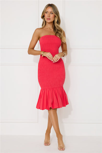 In My Direction Strapless Bubble Midi Dress Red