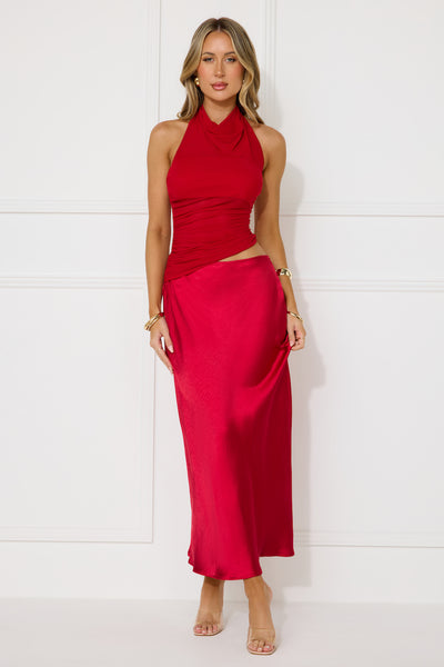 Popping Bottles Satin Mesh Halter Maxi Dress Red